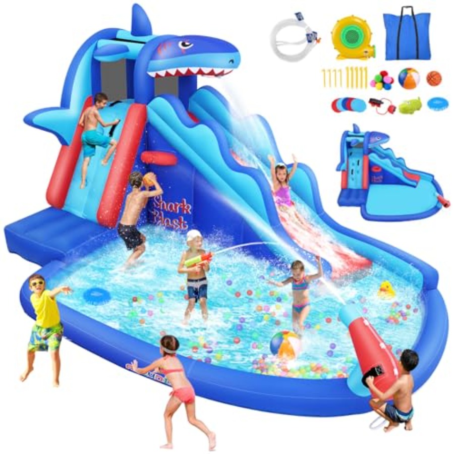 Kids Outdoor Climbing - สไลเดอร์น้ำเป่าลมสำหรับเด็กอายุ 3-12 ปี ลายฉลาม สีฟ้าและสีเหลือง พร้อมผนังปีนป่ายและสไลเดอร์ยาว