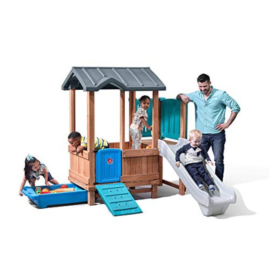 Kids Outdoor Swing And Slide - บ้านเด็กเล่นและสไลเดอร์ในป่า, ชุดของเล่นกลางแจ้งสำหรับเด็ก, ชุดสนามเด็กเล่นในสวนหลังบ้าน, ชิงช้า, ลิ้นชักเก็บของ, ทำจากไม้และวัสดุทนทาน
