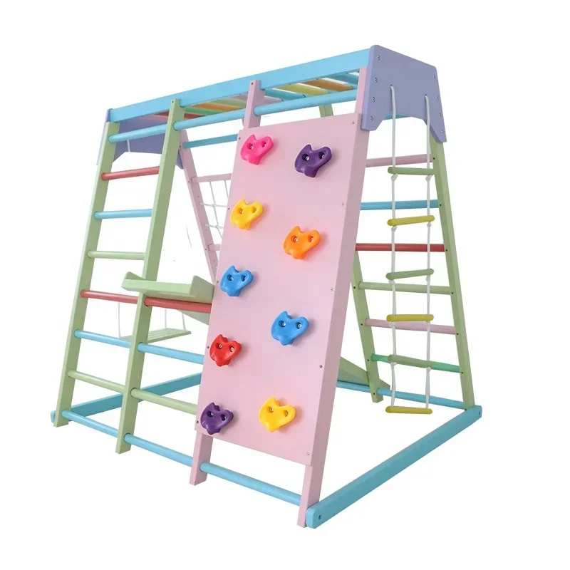 Kids Outdoor Gym Equipment - ชุดเครื่องเล่นปีนป่ายไม้สำหรับเด็ก พร้อมชิงช้า สไลเดอร์ และอุปกรณ์ออกกำลังกายกลางแจ้ง สำหรับใช้ในบ้านและโรงเรียน
