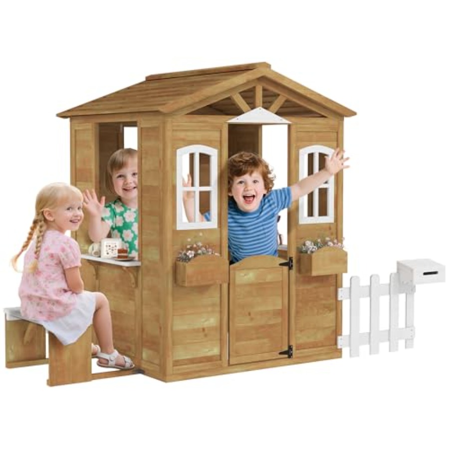 Kids Outdoor Nature Play - บ้านเด็กเล่นกลางแจ้งสำหรับเด็กอายุ 3-6 ปี ทำจากไม้ธรรมชาติ มีประตู หน้าต่าง